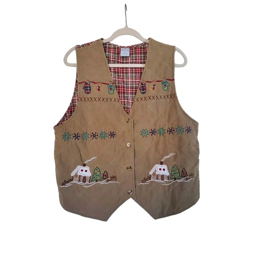 Vintage Holiday Plaid Corduroy Embroidered Cascade Blues Vest, Size Large